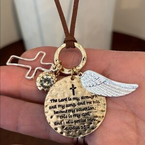 Juliet Suede Chain,Silvertone cross,angel wing, rhinestone starburst,exodus 15:2